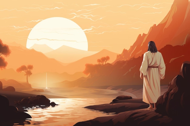 Jezus staat voor een rivier met bergen op de achtergrond