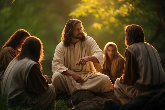 Jezus zoon van god op de heuvel met zijn volgelingen