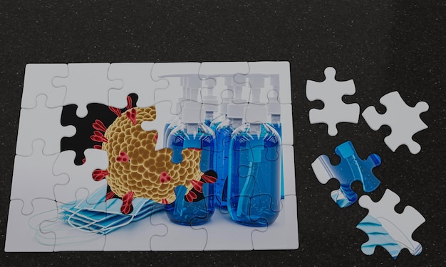 jigsaw picture overlap the background is a Coronal Covid19 virus and the picture above is a puzzle mask and an alcohol gel Conceptual image of preventing germs with virus masks 3D Rendering