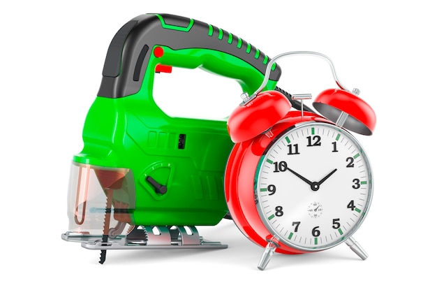 Jigsaw power with alarm clock 3D rendering isolated on white background