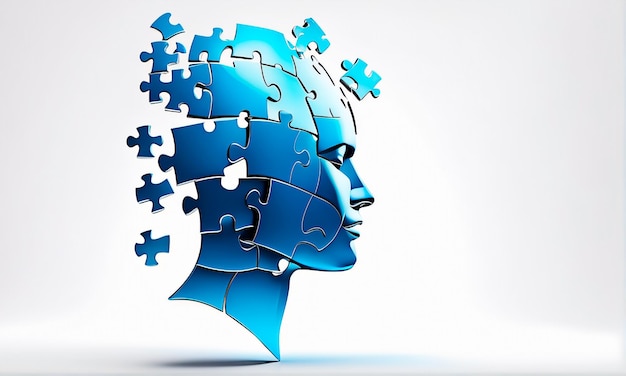 Jigsaw puzzle creating the shape of a human head for cognitive psychology or psychotherapy concept