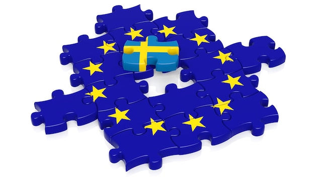 Jigsaw puzzle flag of European Union with Sweden flag piece isolated on white