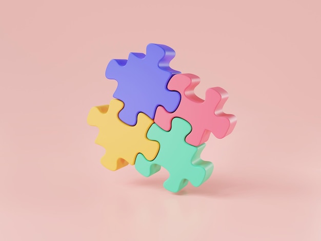 Jigsaw puzzle icon on pink background Teamwork concept Puzzles parts puzzle elements brainstorming Business mission successful cooperation partnership and strategy 3d icon render illustration