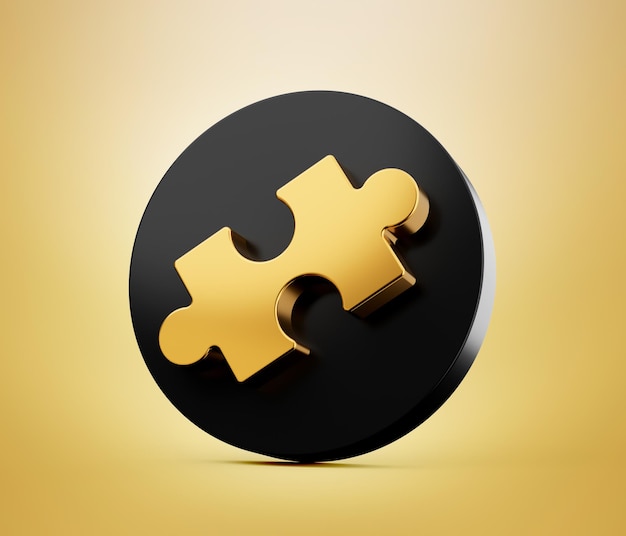 Jigsaw puzzle icon with black circle Tiling puzzle Puzzles parts Isolated 3d object on Gold