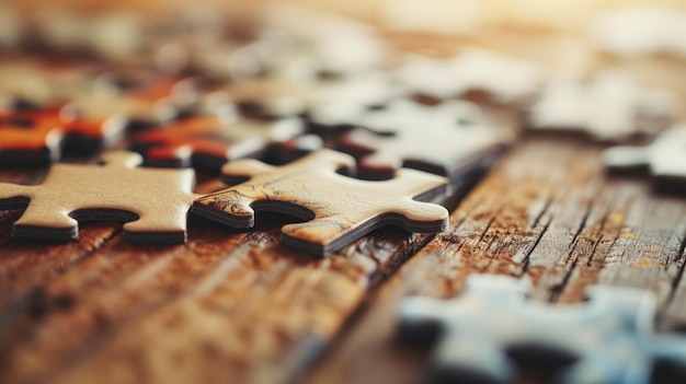 Jigsaw puzzle pieces scattered on a wooden surface