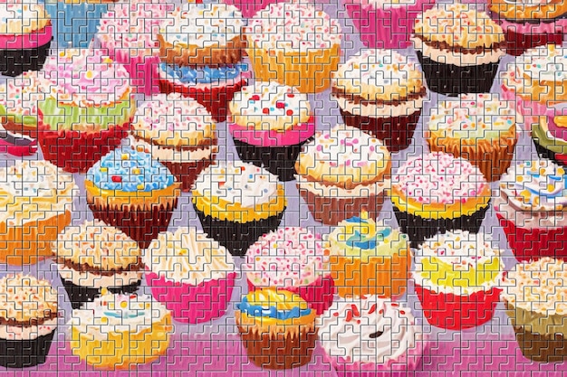 A jigsaw puzzle with cupcakes on it.