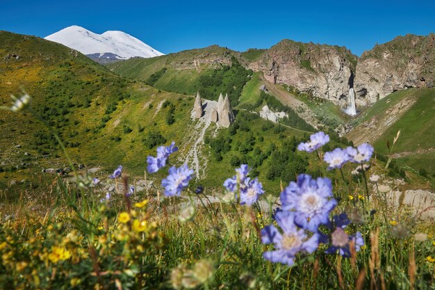 Jilysu tract Syltransu mountain waterfall Elbrus Caucasus Thawed mountain waters of the river in summer a stormy stream