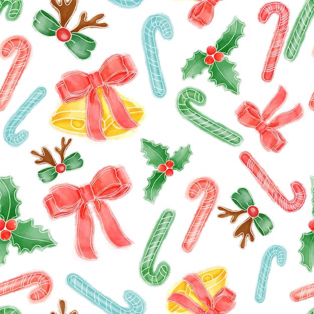 Jingle bells with candy canes watercolor seamless pattern on white.