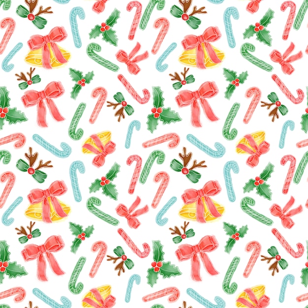 Jingle bells with candy canes watercolor seamless pattern on white. 