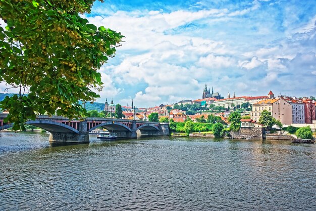 Jirasek Bridge over Vltava River and Old Town in Prague, Czech Republic