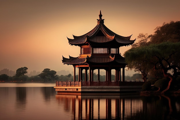 Jixian pavilion at dusk in hangzhou the word in chinese on the picture means jixian pavilion on