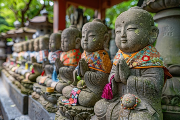 Jizo-beelden in de Zojoji-tempel versierd met kleding en speelgoed