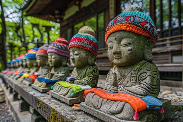 Photo jizo statues at zojoji temple adorned with clothing and toys