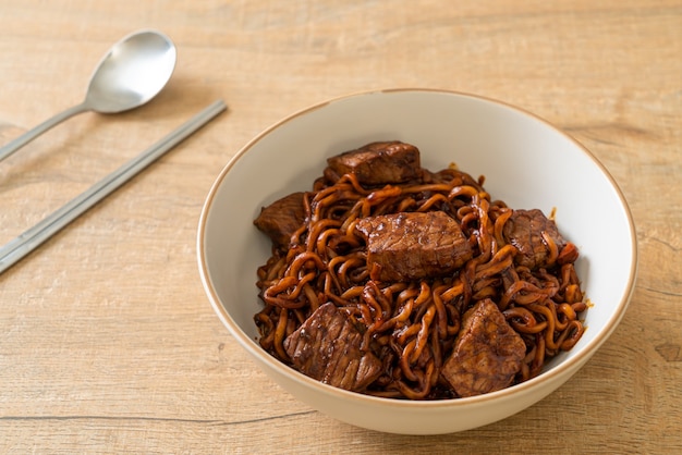Jjapaguri or Chapaguri, Korean Black Beans Spicy Noodles with Beef - Korean food style