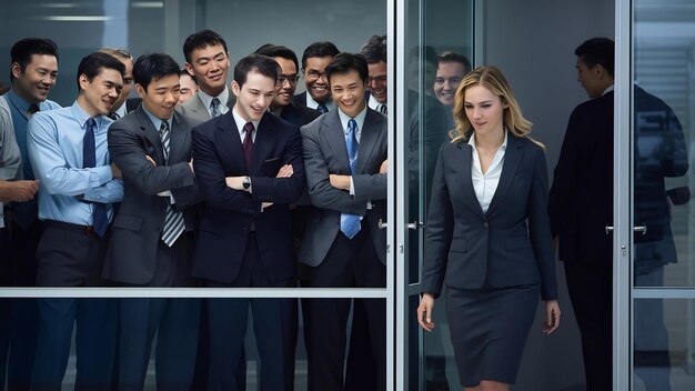 Photo job candidates gloating over female competitor walking after unsuccessful interview