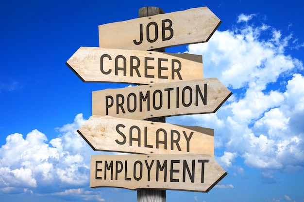 Photo job career promotion salary employment wooden signpost with five arrows