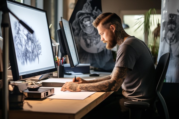 Lavoro uomo artista note business tatuaggio portatile luogo di lavoro moderno arte digitale lavoro tecnologia istruzione