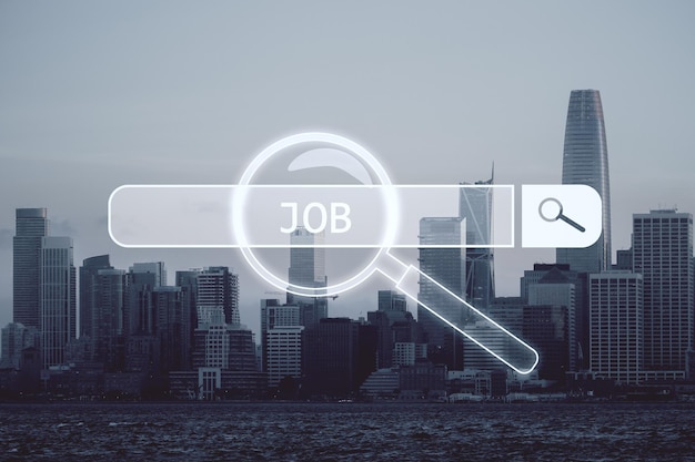 Job search bar on blurry city background search browser bar\
with magnifying glass searching for available hiring position