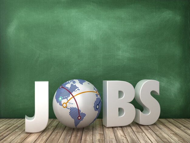 JOBS 3D Word with Globe World on Chalkboard Background