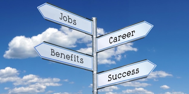 Jobs career benefits success metal signpost with four arrows