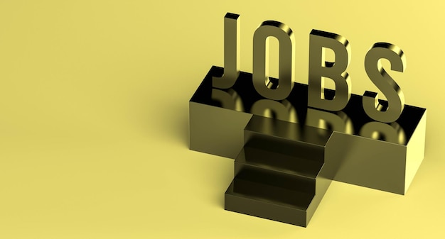 JOBS golden word on a podium on a bright yellow background with space for text Job or vacancy search banner with place to insert text 3D render
