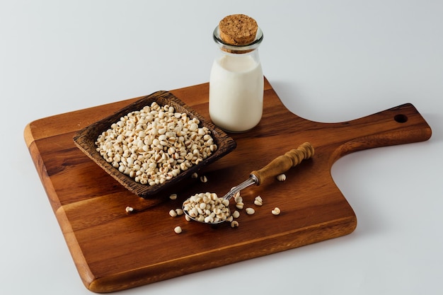 jobs tears milk on wooden background