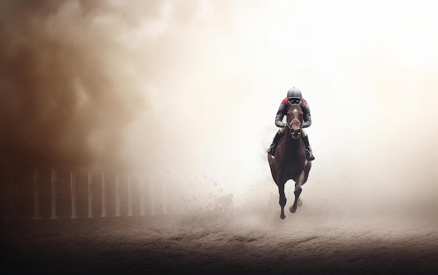 Photo a jockey on a horse is racing in a cloud of smoke.