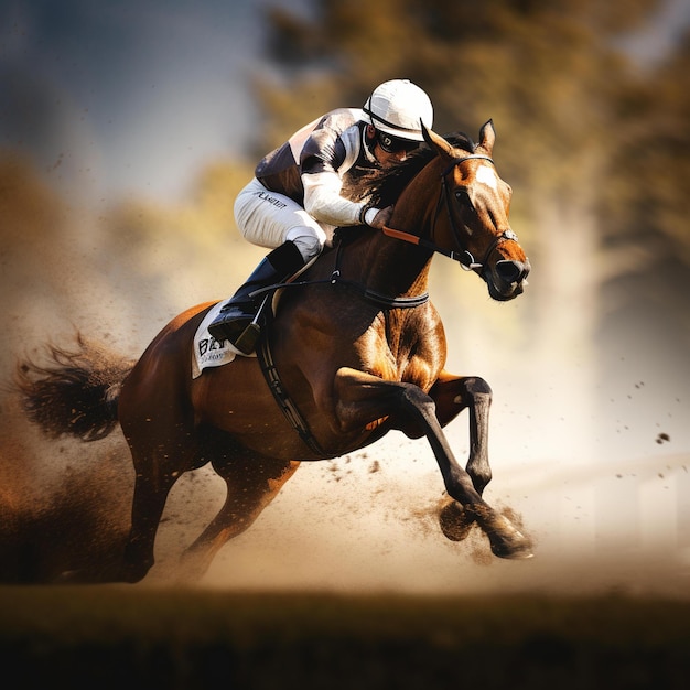 A jockey is riding a horse in the dirt