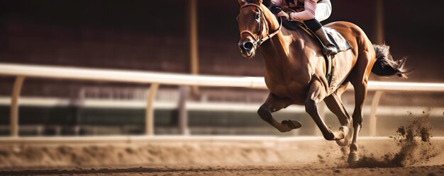 Foto jockey su cavallo da corsa galoppante in un ippodromo sabbioso in competizione