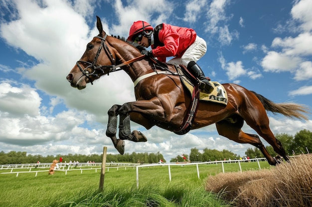 Photo jockey riding a horse midjump during a steeplechase ai generated
