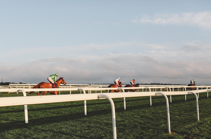 Photo エプソム・ダウンの競馬場で空に向かって馬に乗るジョッキー