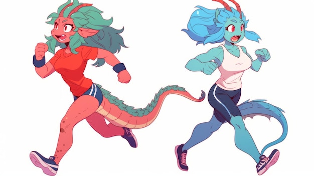 Jogging Beauties The Masterpiece of Two Adorable Dragonettes in Stunning Blue Humanoid Form