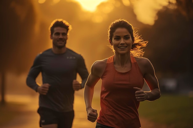 Jogging couple enjoying sunset run in park