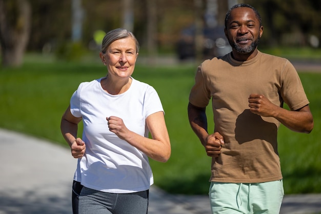 Photo jogging mature couple jogging in the park together