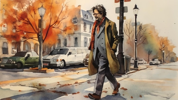 John Walking On Sidewalk Watercolor