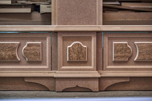 Joinery Mdf cabinet carcass with moldings and decor Wooden furniture manufacturing process