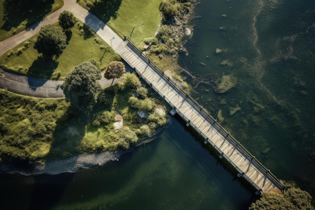 Joining Suburban and River Aerial Overhead View of Bridge Connecting Road and Steps to Water