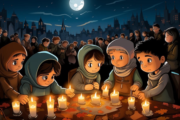 A Joint candlelight vigil where Israeli and Palestinian children light candles together for peace in their shared homeland cartoon style Conflict between Israel and the Palestinian illustration