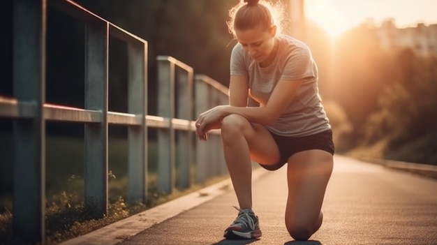 Foto problemi articolari e infiammazioni ai tendini donna sportiva che ha subito un incidente al ginocchio durante la corsa