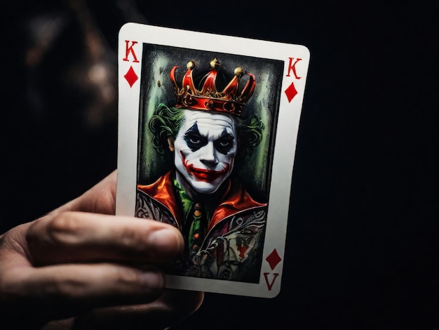 黒い背景のジョーカーカードをクローズアップで撮影男性の手はプレイングカードを握っていますジョーカーはクラウから