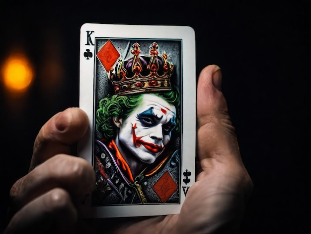 A Joker card on a black background close up shot Male hand holds a playing card Joker from a Crow