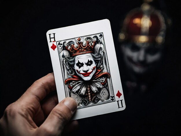 A Joker card on a black background close up shot Male hand holds a playing card Joker from a Crow