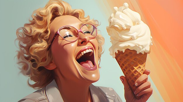 a joking woman is smiling and eating an ice cream