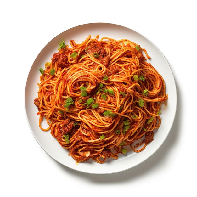 Jollof Spaghetti Nigerian Dish On Plate On White Background Directly Above View