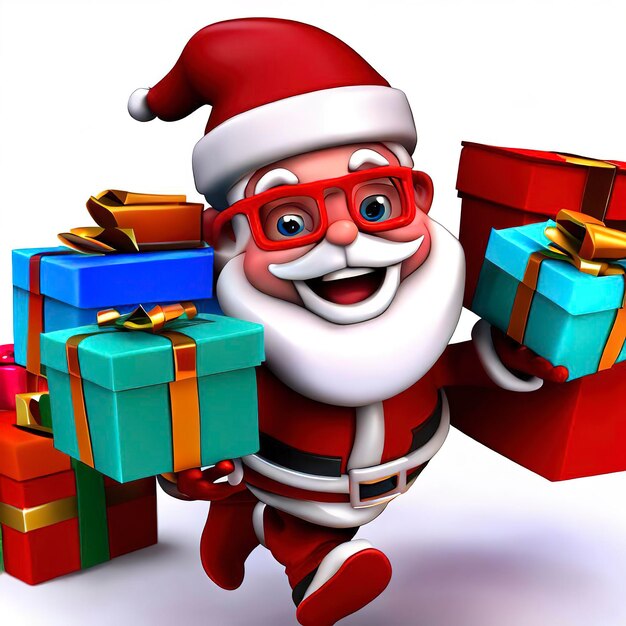Jolly 3D Santa Claus Cartoon Character with Christmas Presents