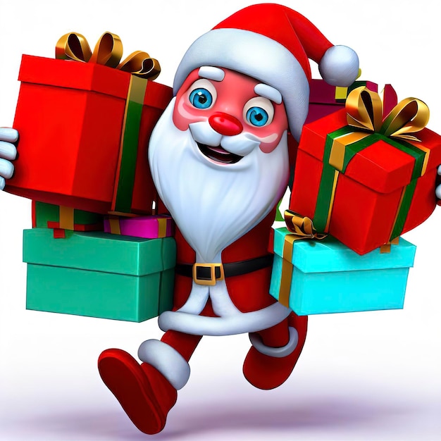 Photo jolly 3d santa claus cartoon character with christmas presents