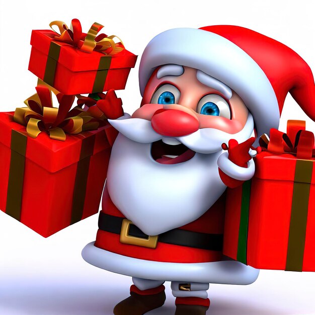 Jolly 3D Santa Claus Cartoon Character with Christmas Presents