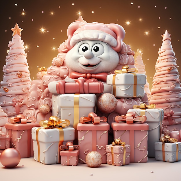 Jolly 3D Santa Claus Cartoon Character with Christmas Presents