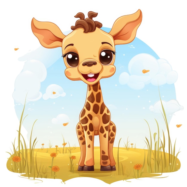Веселый жираф в саванне: очаровательная векторная иллюстрация Кавайи