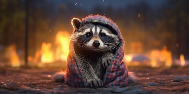 A jolly raccoon finds comfort in a cozy blanket while sitting by the campfire AI generated